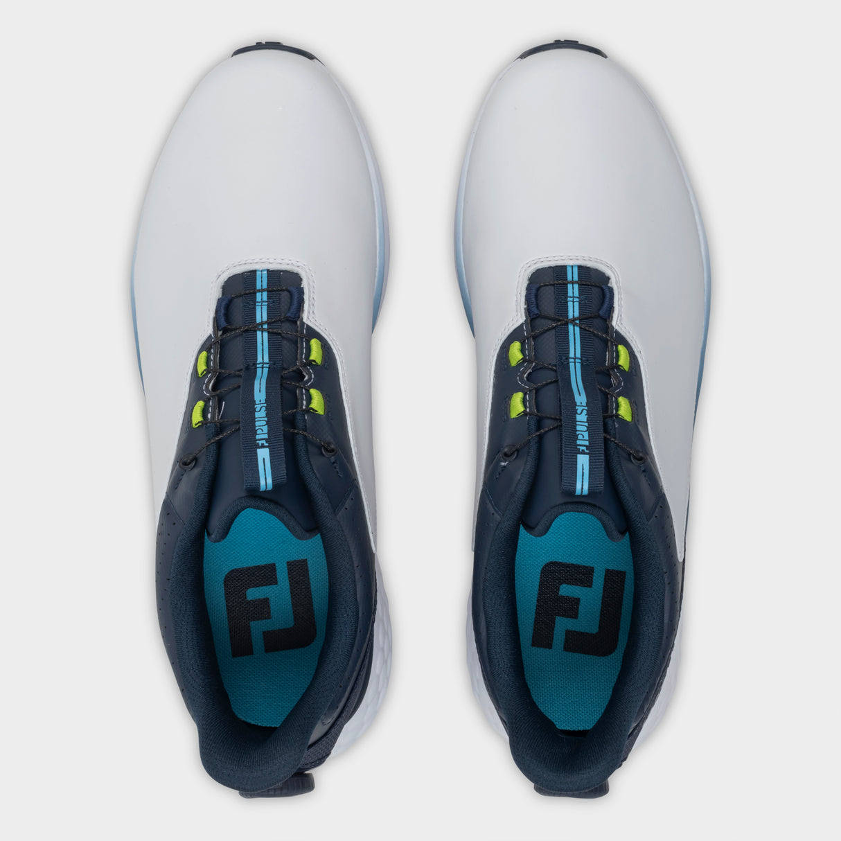 Footjoy Pulse BOA 26 Herre golfsko, hvid og blaa, ovenfra