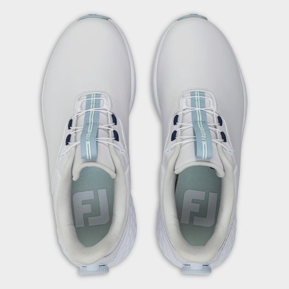 Footjoy Pulse BOA 26 Dame golfsko, hvid og blaa, ovenfra