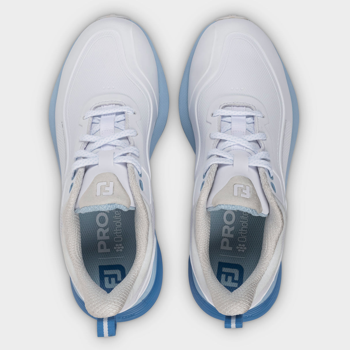 Footjoy Pro/SL 26 Dame golfsko, hvid og blaa, ovenfra
