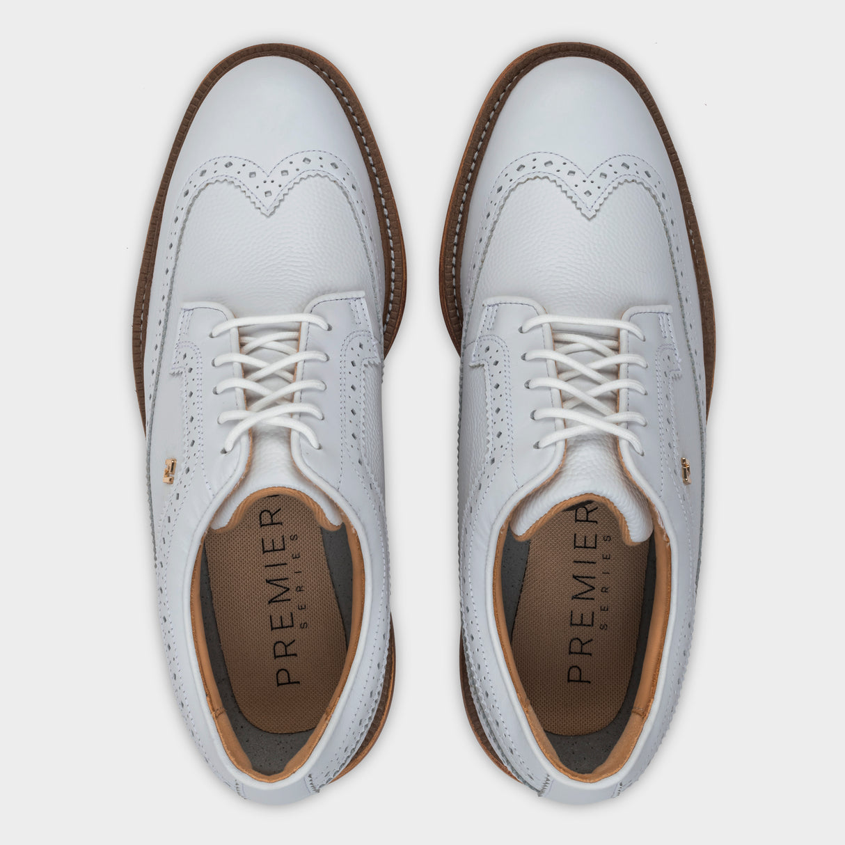 Footjoy Premiere Series Marquis 26 golfsko, hvid og brun, ovenfra