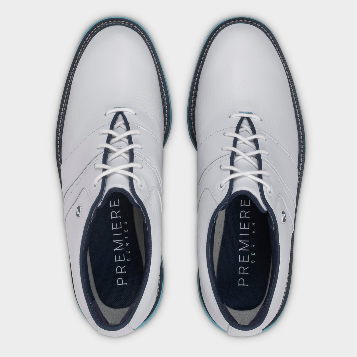 Footjoy Premiere Series Packard 26 golfsko, hvid og blaa, ovenfra