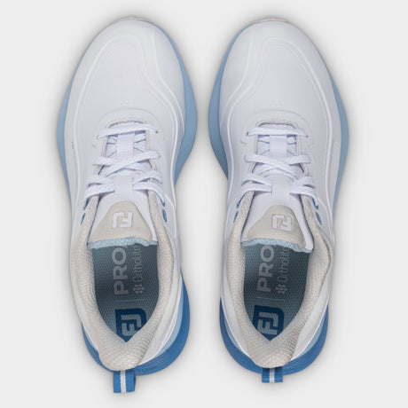 Footjoy Pro/SL 26 Dame golfsko, hvid og blaa, ovenfra